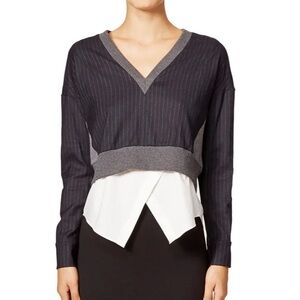 Derek Lam 10 Crosby Navy Blue Grey V-Neck Long Sleeve Sweater White Underlayer